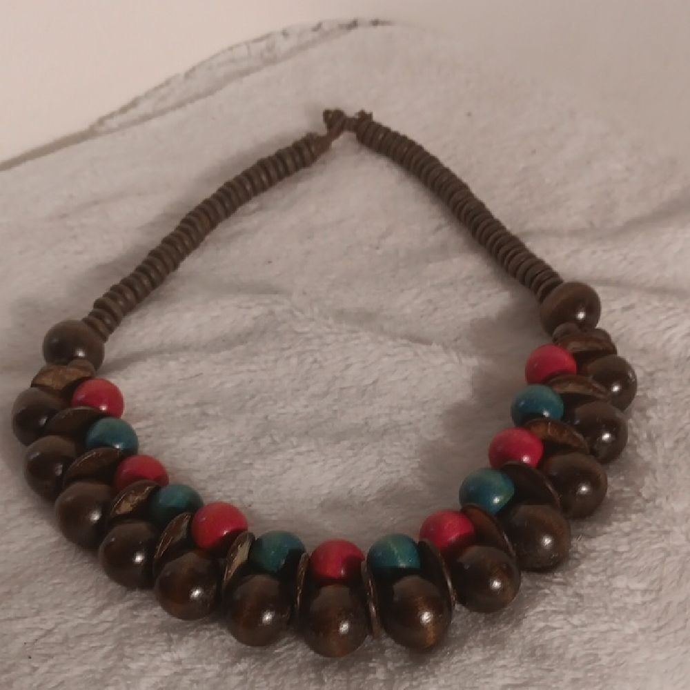 Brown and Multicolor Wood Beaded Necklace